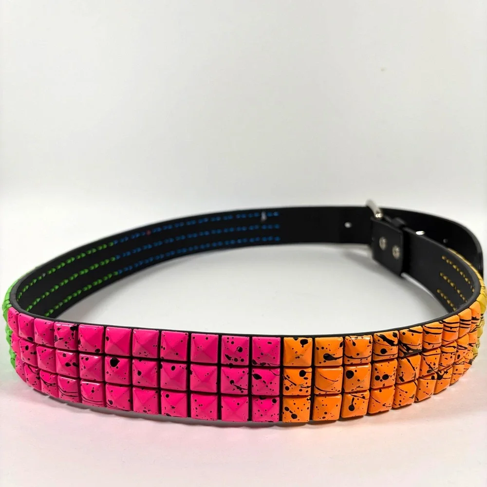 Y2K Neon Spiked Stud Belt 3 Row Splatter Punk Emo Scene Black Strap 38